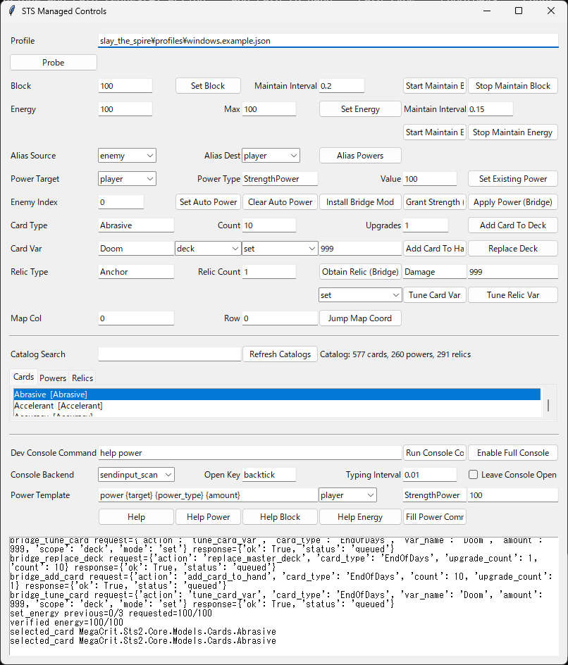 STS2 Managed Controls desktop control panel screenshot